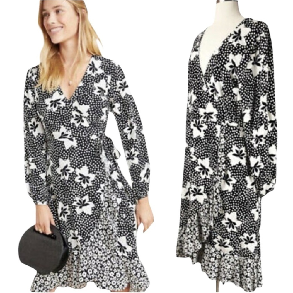 Anthropologie Porridge Amity Wrap Dress in Black and White Floral Polka Dot